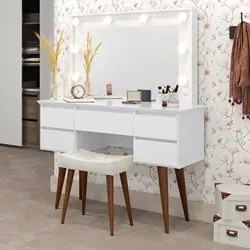 Penteadeira Com Espelho 5 Gavetas Pés Palito Camarim Strass Branco - P