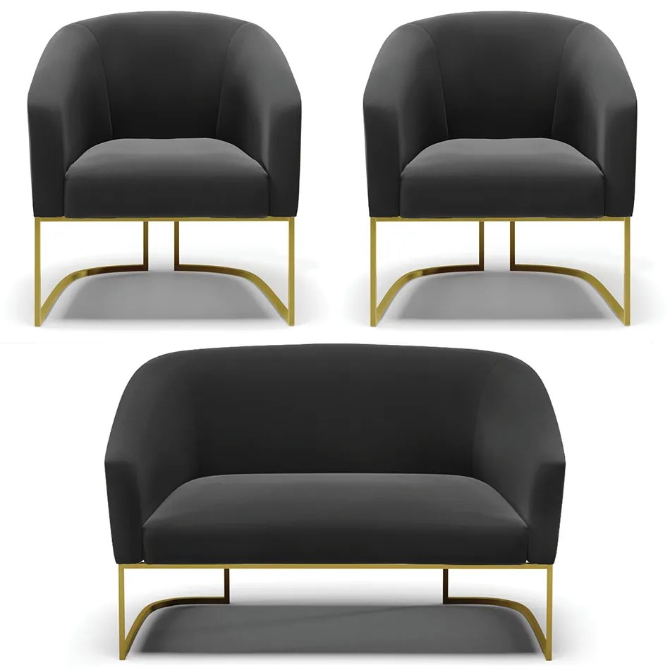 Namoradeira e 2 Poltronas Base Industrial Dourado Stella Suede D03 - D'Rossi - Preto