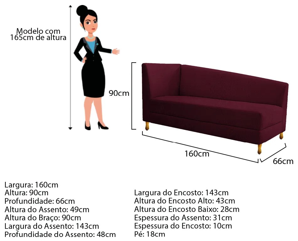 Recamier Valéria 160cm Lado Esquerdo Suede Bordô - ADJ Decor