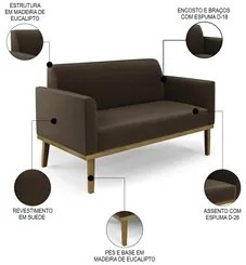 Sofá Namoradeira e 1 Poltrona Base Madeira Castanho Maressa Suede Marr