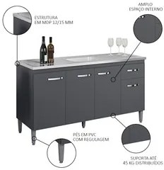 Balcão Gabinete Com Pia Inox 150cm 4 Portas e 1 Gaveta Gabriela Cinza