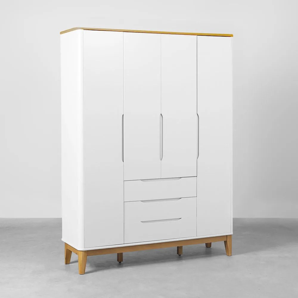 Guarda-Roupa Boom 4 Portas e 3 Gavetas com Pés Square Mel - Branco e Savana
