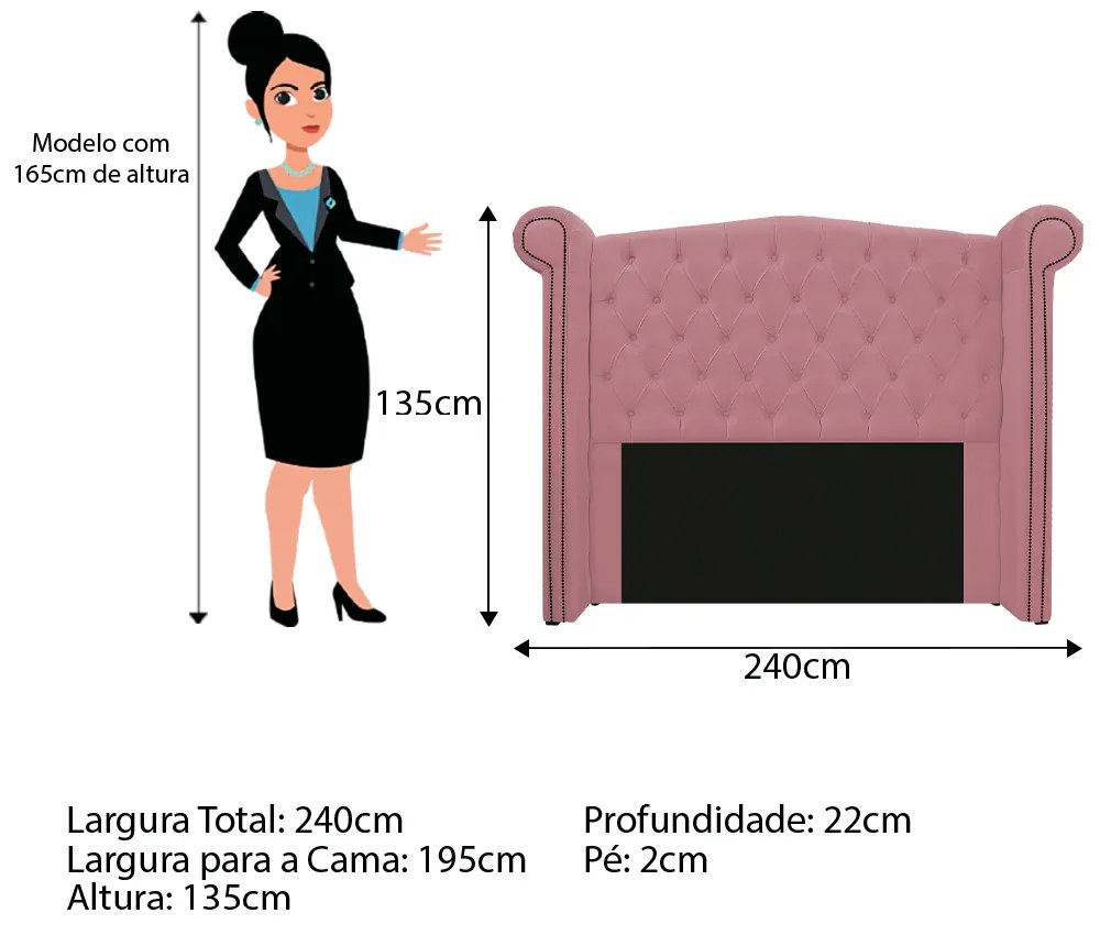 Kit Cabeceira e Calçadeira Veneza 195 cm King Size Suede Rosa Bebê - ADJ Decor