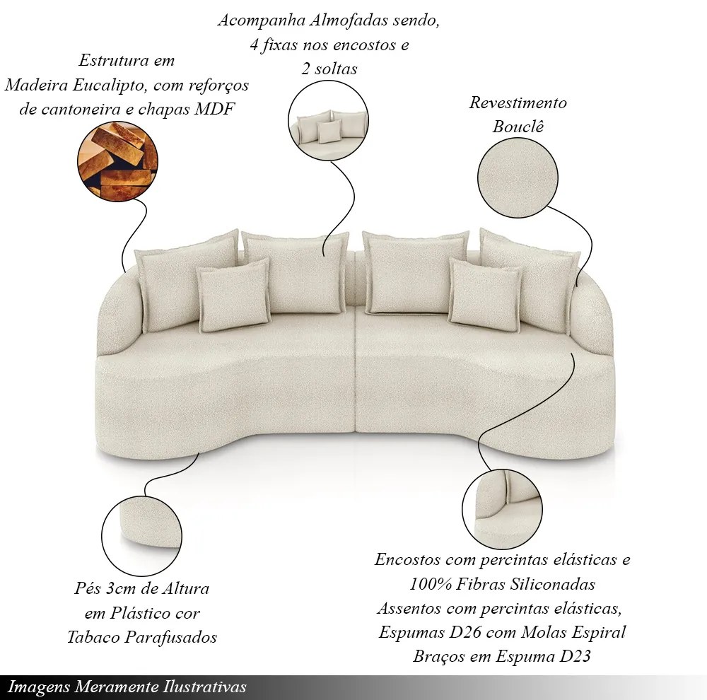 Sofá Living Decorativo Salinas 2 Lugares com Almofadas 210cm Modulado Bouclé Off White G33- Gran Belo