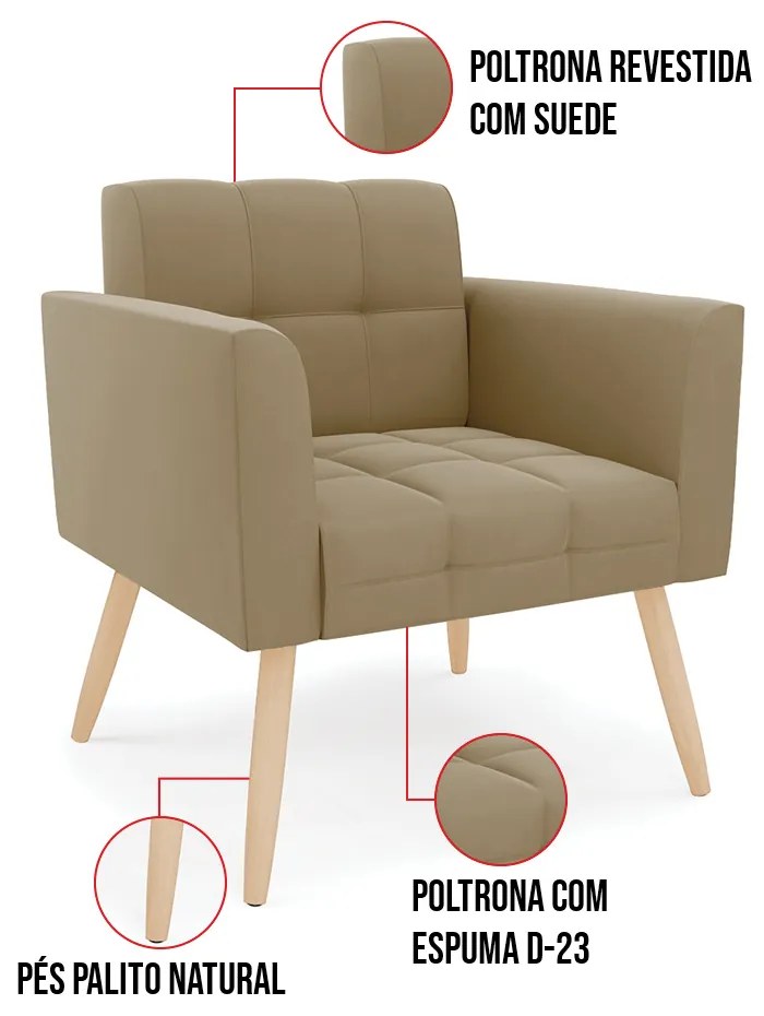 Kit 1 Sofá Namoradeira e 2 Poltronas Elisa Suede Pés Palito Natural D03 - D'Rossi - Marrom Rato