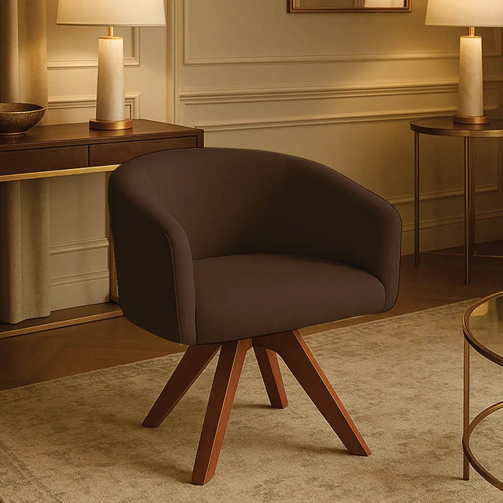 Poltrona Sala Base Giratória Madeira Arielle Suede D03 - D'Rossi - Marrom