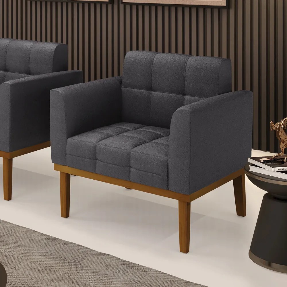 Poltrona Sala Decorativa Elisa Base de Madeira Castanho Bouclê D03 - D'Rossi - Grafite