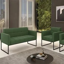 Sofá Namoradeira e 1 Poltrona Base Industrial Preto Ana Suede Verde -