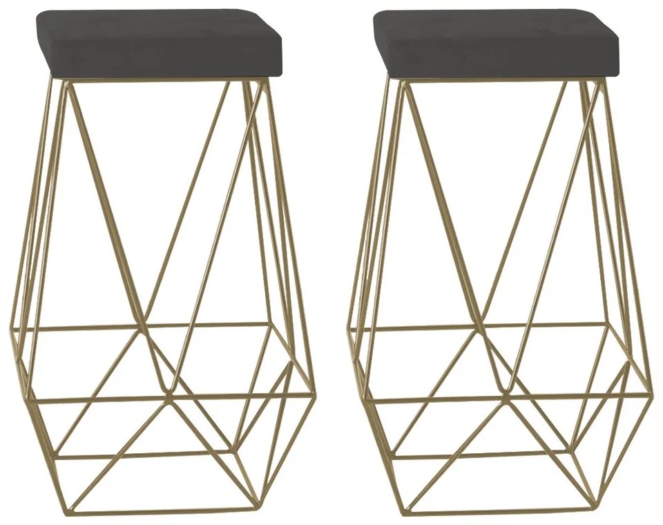 Kit 2 Banqueta Decorativa Kathy Base Gold Suede Cinza G41 - Gran Belo