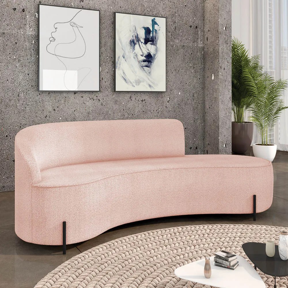 Sofá 3 Lugares Orgânico 180cm Pé Ferro Preto Morgan Bouclê - Off White - Rose