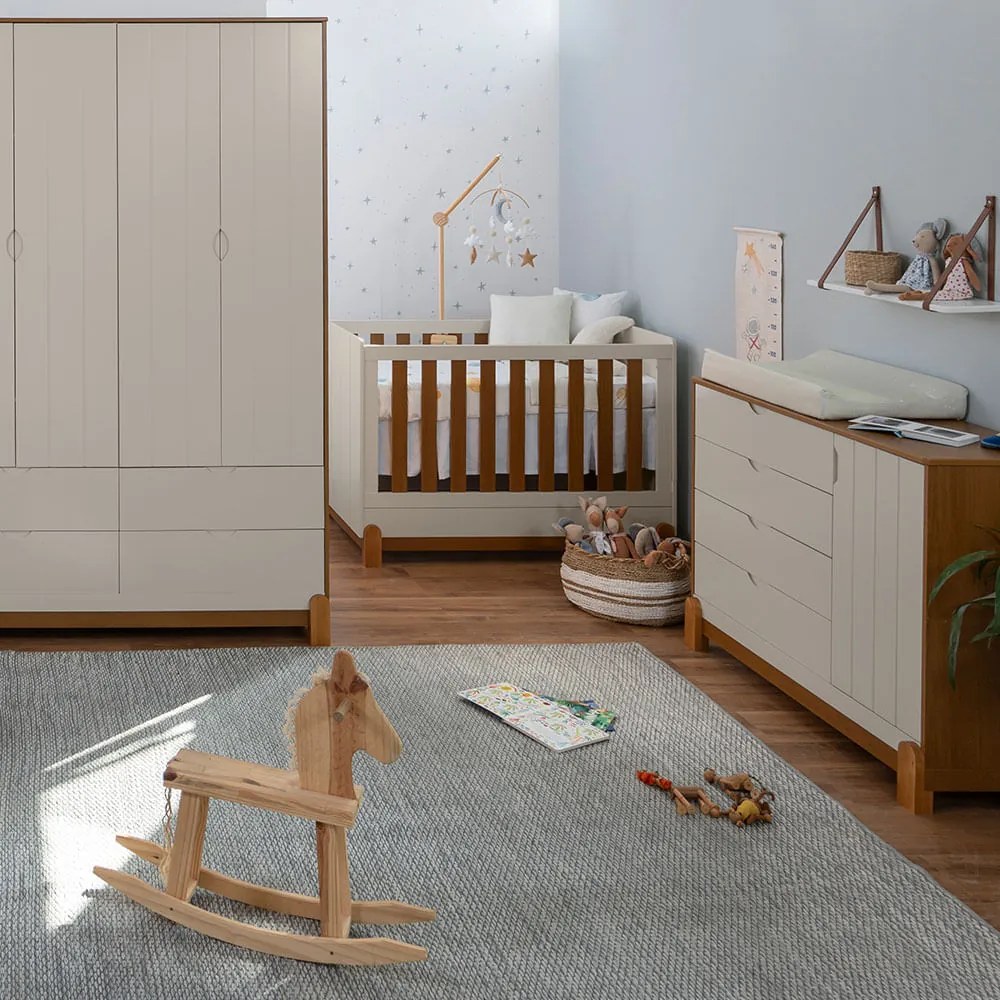 Kit Quarto Infantil Lotus Berço Mini Cama com Frisos + Cômoda 4 Gavetas e 1 Porta + Guarda-Roupa 4 Portas com 4 Gavetas - Areia e Savana