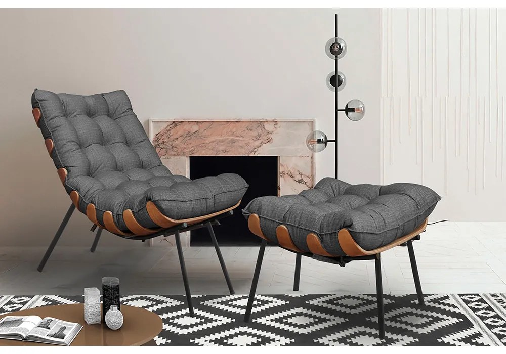 Conjunto Decorativo Poltrona e Puff Abel Base de Madeira Dourada Linho Grafite G41 - Gran Belo