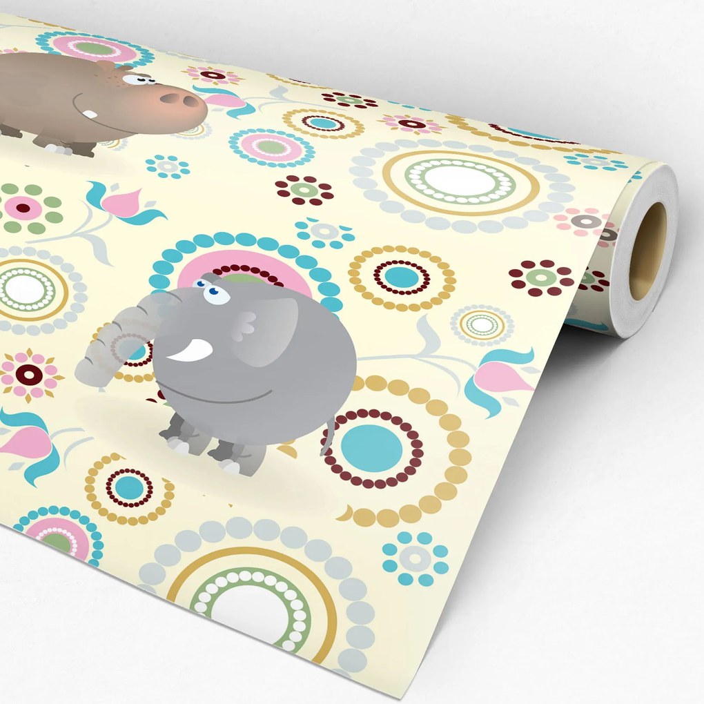 Papel de Parede infantil círculos com bichos da selva 0.52m x 3.00m