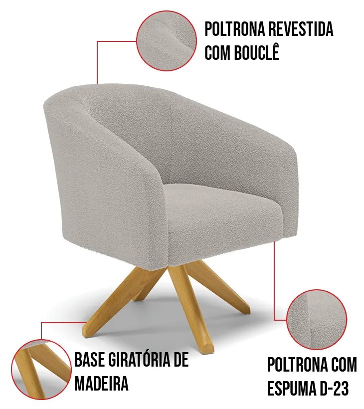 Poltrona Sala Decorativa Giratória Madeira Stella Bouclê D03 - D'Rossi - Cinza