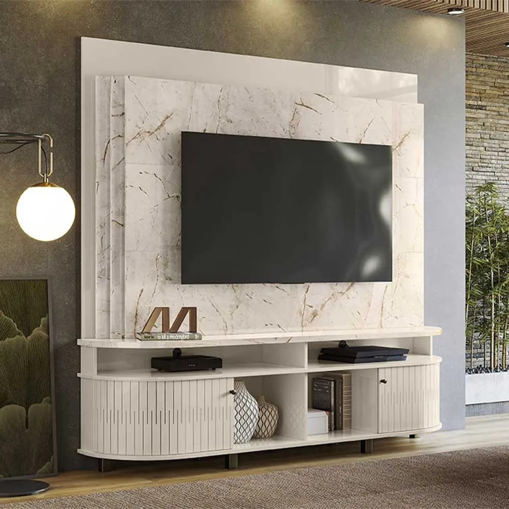 Home Theater Hanso 2 Portas Deslizantes 4 Nichos MDP até 65 Calacata/OffWhite G97 - Gran Belo
