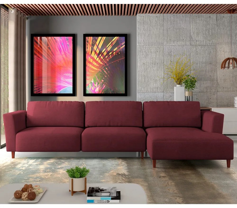 Sofá 330cm com Chaise Direita Franz Suede Bordô G52 - Gran Belo