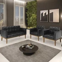 Sofá Namoradeira e 2 Poltronas Base Madeira Castanho Ana Sintético PU