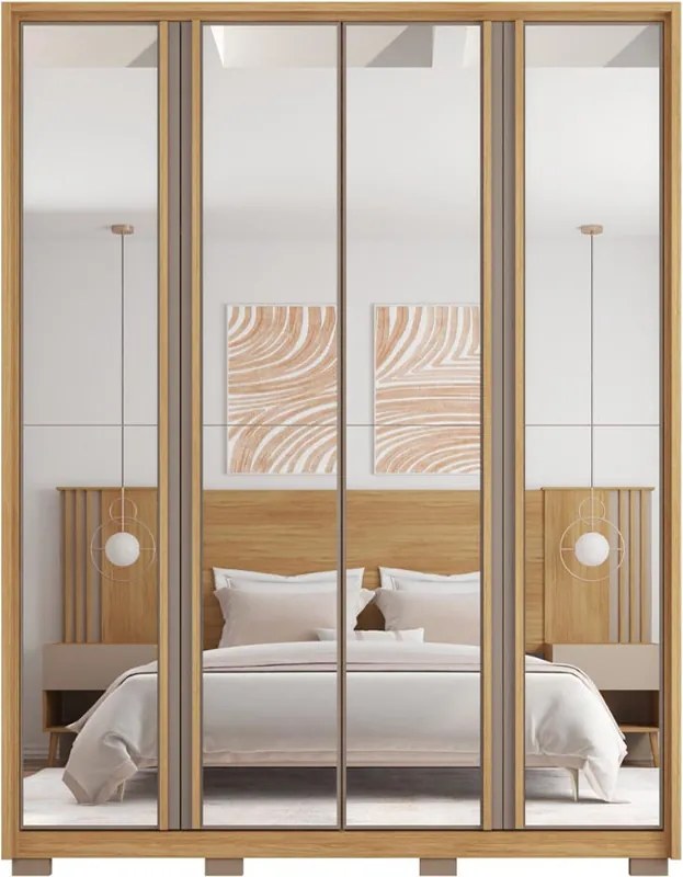 Guarda Roupa Orbit Solteiro 4 Portas de Bater com 4 Espelhos e Gavetas  MDF Buriti/Fendi G11 - Gran Belo