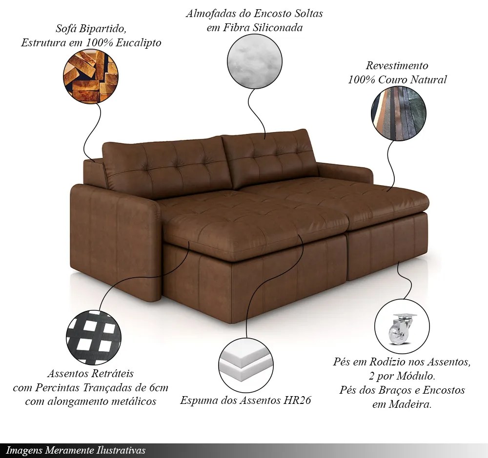 Sofá Retrátil Bipartido Sala de Estar Belém 264cm Couro Caramelo Manchado G52 - Gran Belo