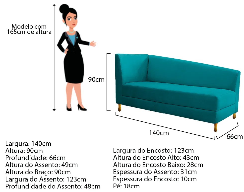 Recamier Valéria 140cm Lado Esquerdo Suede Azul Turquesa - ADJ Decor