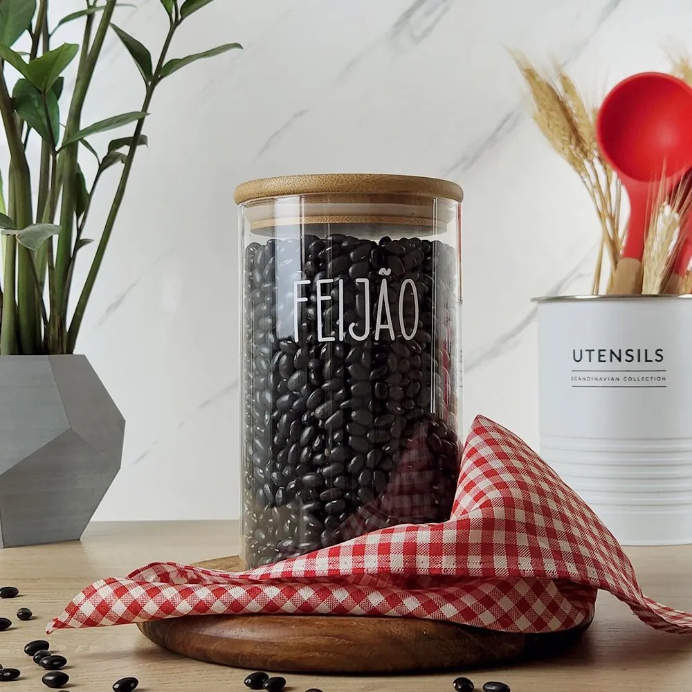 Pote de Vidro e Tampa de Bambu com Etiqueta