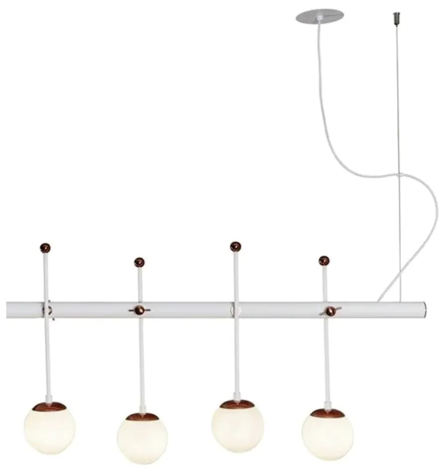 Pendente Varal 42X180X20Cm 08Xg9 Globo Ø12Cm - Usina 50000/8 (CP-M / DR-P - Champanhe Metálico / Dourado Brilho Polido, Branco (Fosco))