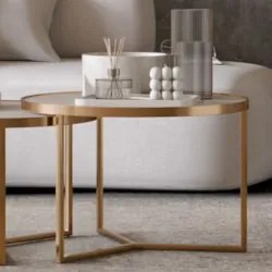 Mesa de Centro Redonda Alta Pé Metal Thor Off/Dourado E05   - Mpozenat