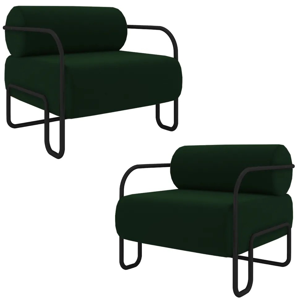 Kit 2 Poltronas Decorativas Sala de Estar Polatsk Base Industrial de Ferro Veludo Verde G33 - Gran Belo