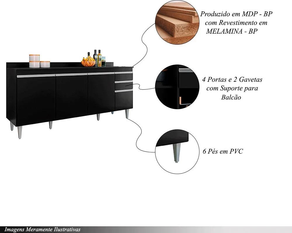 Balcão de Cozinha com Tampo Apex MDP/BP Preto G96 - Gran Belo