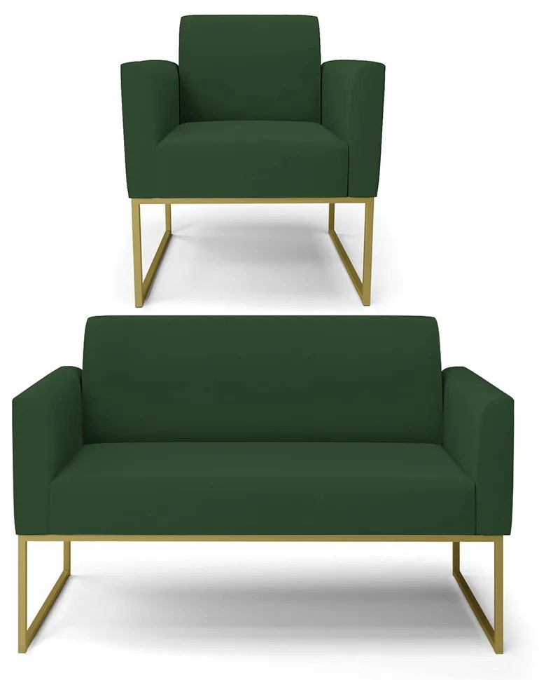Sofá Namoradeira com Poltrona Base Industrial Dourado Marisa Veludo D03 - D'Rossi - Verde