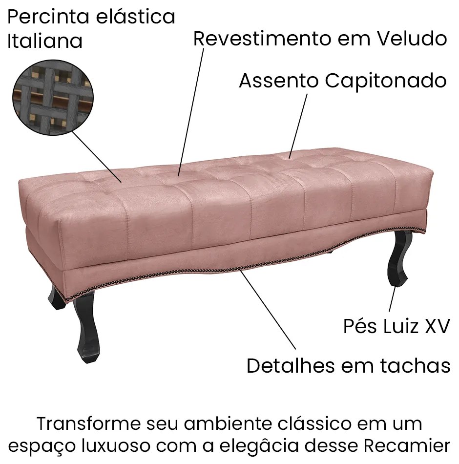 Puff Recamier Retrô Luis Xv Captonê Quarto Vicenza 90cm Veludo S04 - D'Rossi - Rosa