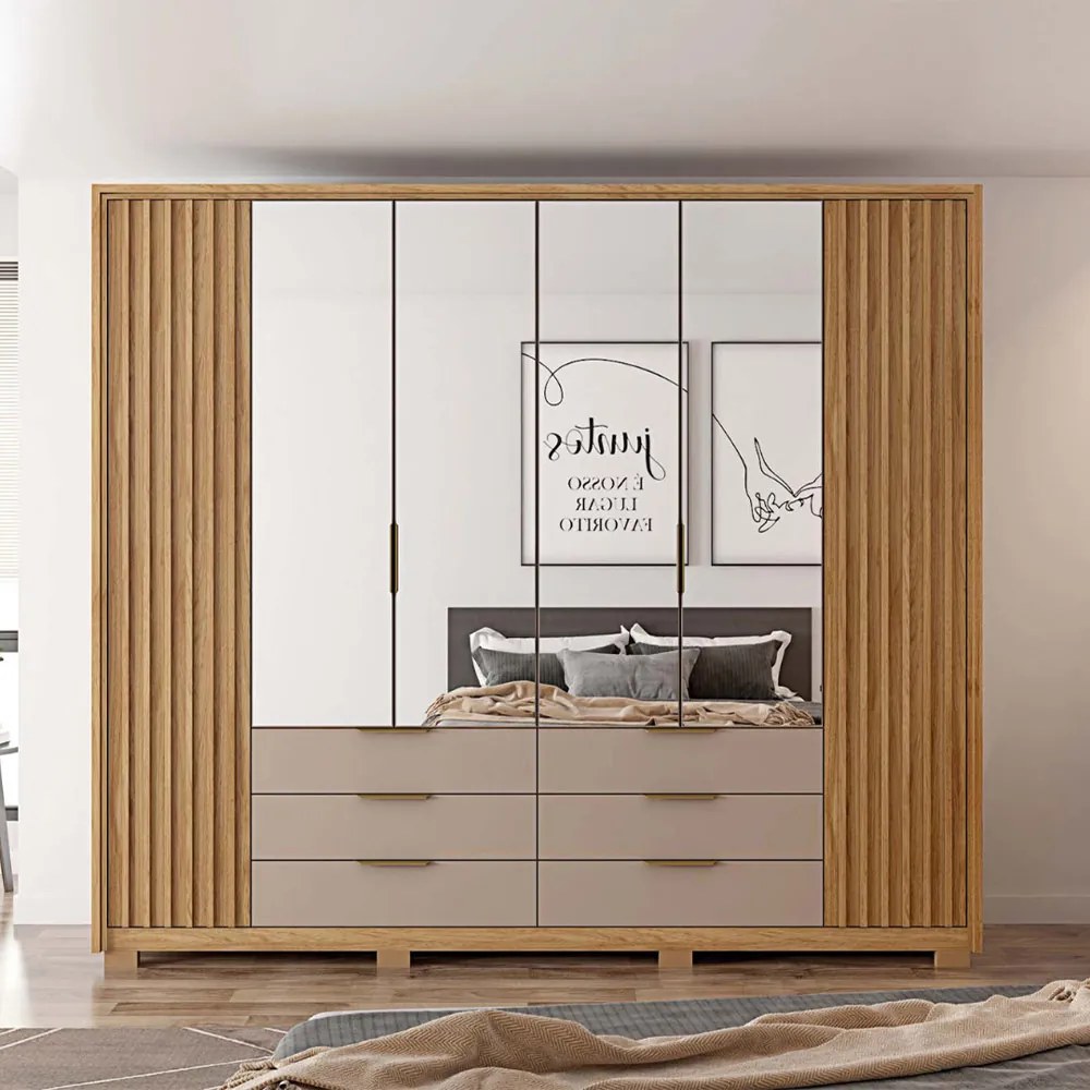 Guarda Roupa Essence Casal Ripado 6 Portas de bater com 4 Espelhos e 6 Gavetas MDP Buriti/Fendi G11 - Gran Belo