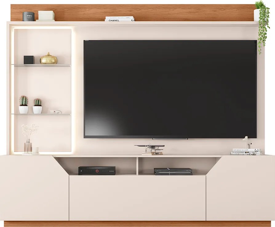 Estante TV 65 Pol 240cm Sala de Estar Samanta C01 - D'Rossi - Off White/Freijó