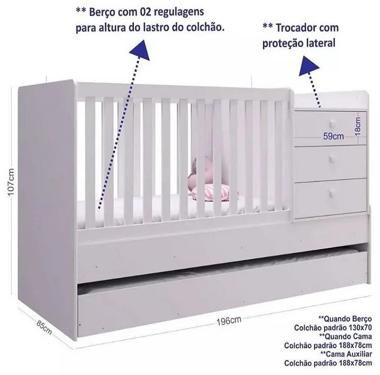 Berço Americano Vira Cama C/ Auxiliar Trocador Gaveteiro - Branco/Montreal