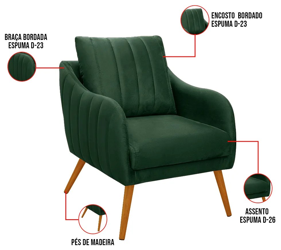 Poltrona Salem Veludo Pés Palito Castanho K01 - D'Rossi - Verde Militar