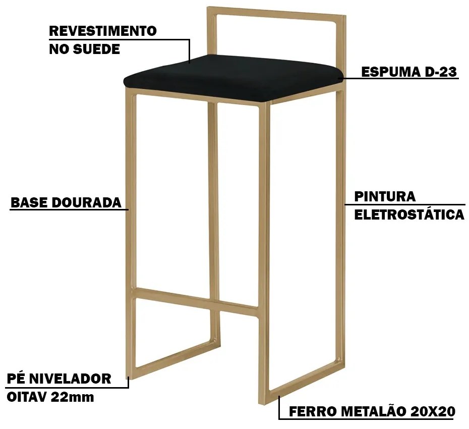 Banqueta Decorativa Jasmine Base Gold Suede Preto G41 - Gran Belo