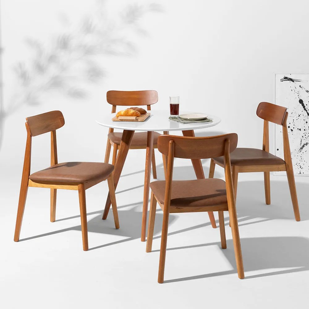 Conjunto Mesa de Jantar Square Redonda Branca - 88cm + 4 Cadeiras Nord Encosto Madeira Assento PU - Cognac