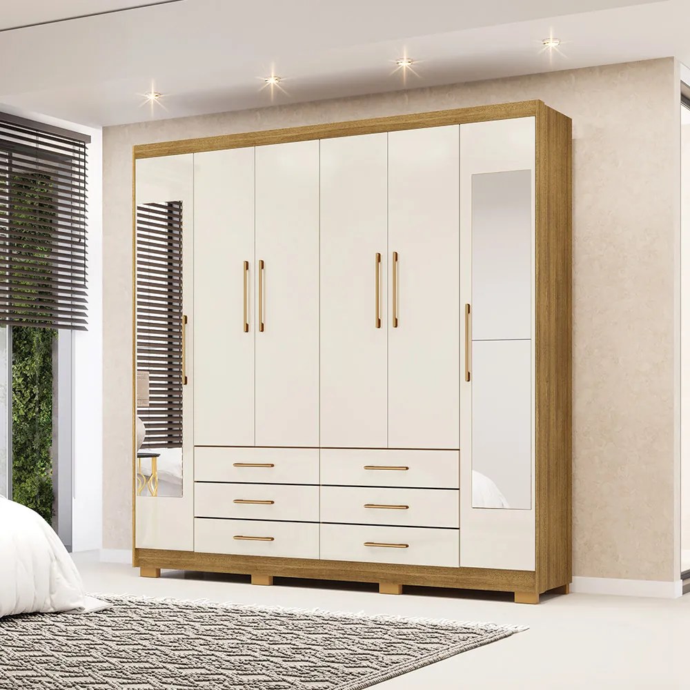 Guarda Roupa Dunas Casal 6 Portas de Bater 2 Com Espelhos 6 Gavetas MDF Nature/OffWhite G98 - Gran Belo