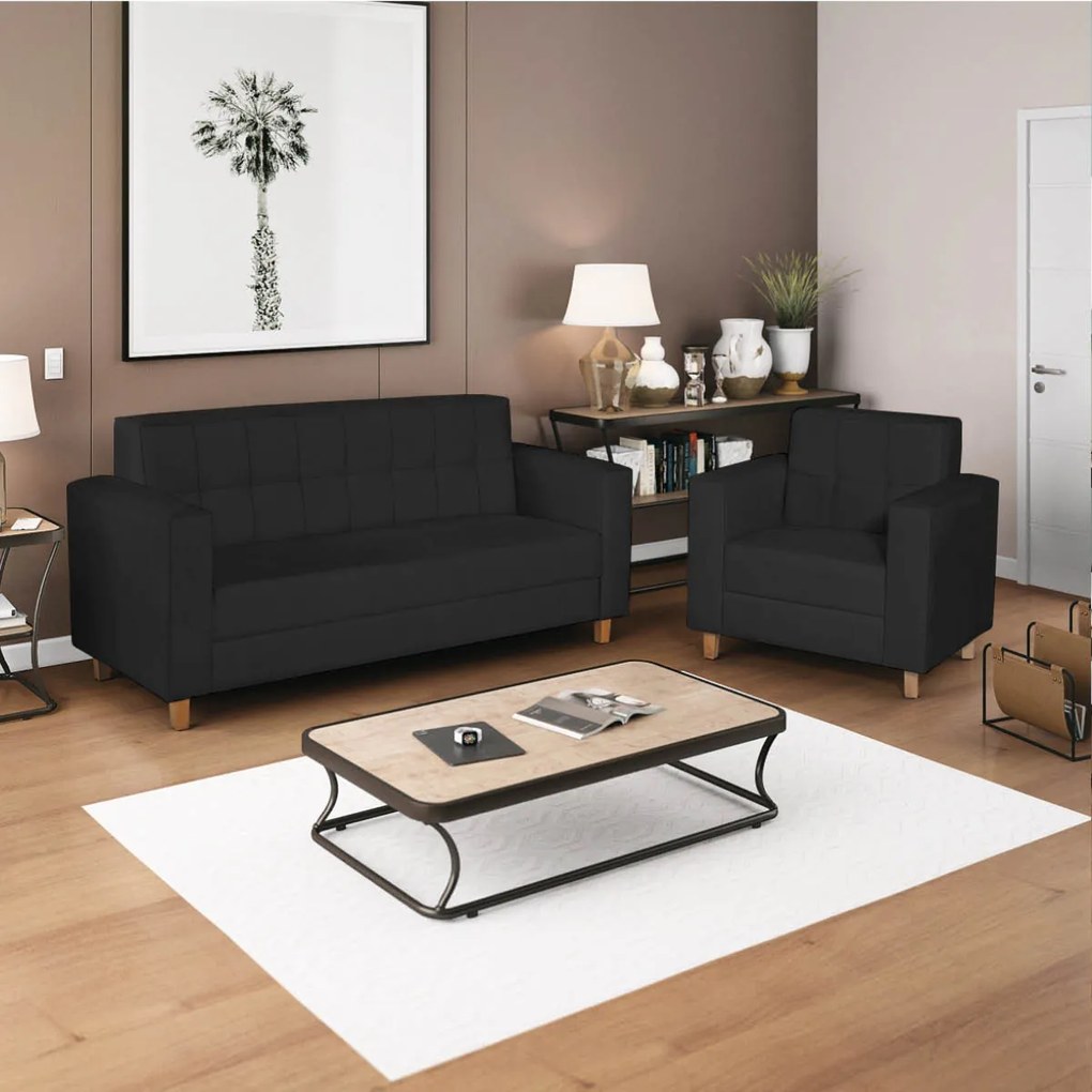 Kit Sofá 2 Lugares e 2 Poltronas Denver Corano Preto - ADJ Decor