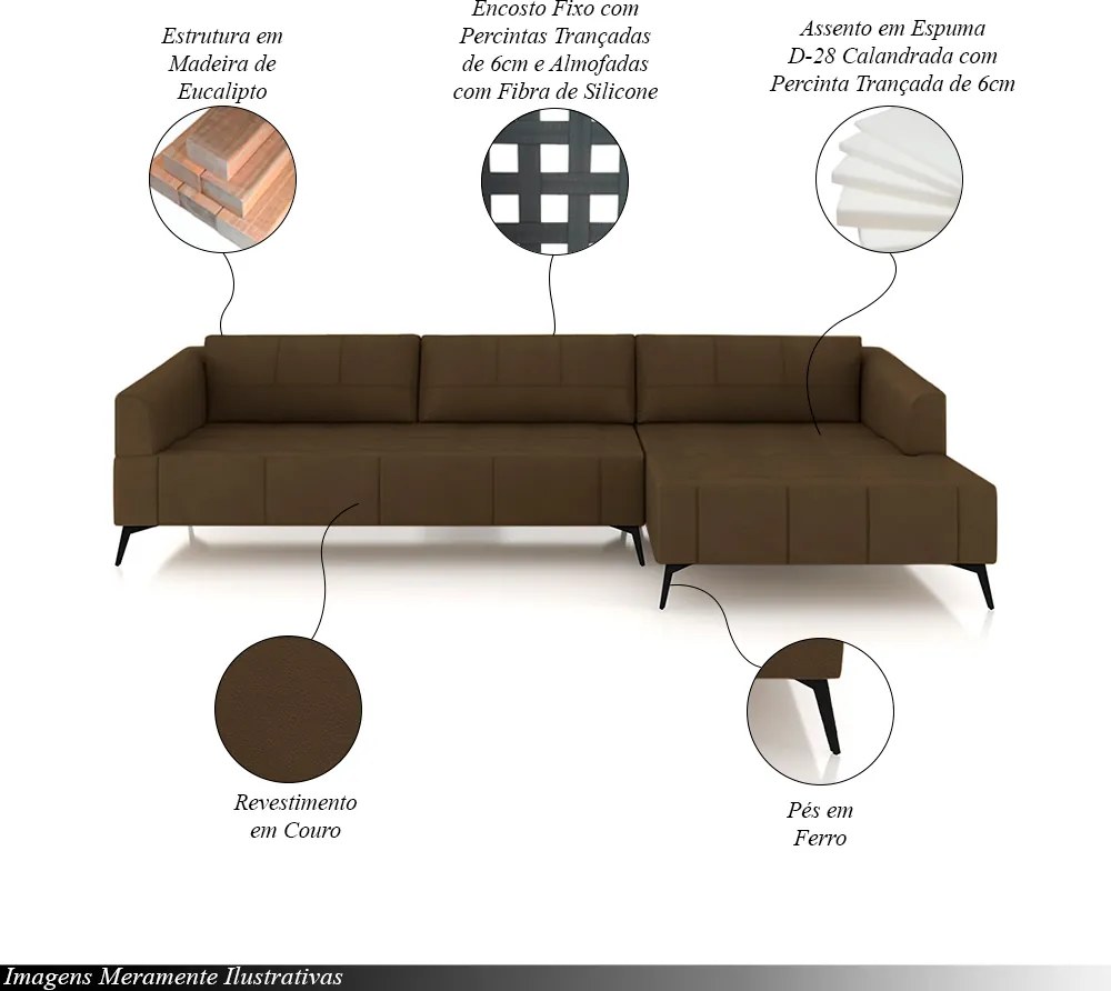 Sofá Bipartido Sala de Estar Kiara 292cm Chaise Direito Pés de Ferro Couro Capuccino G52 - Gran Belo