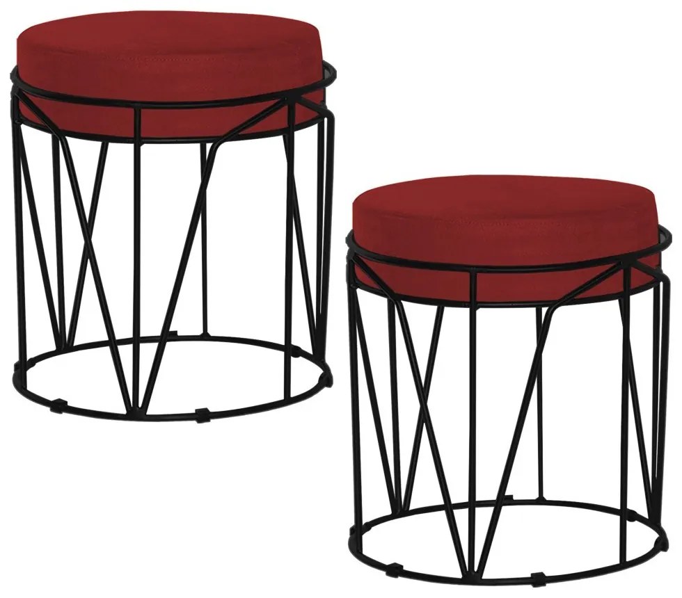 Kit 2 Puffs Decorativo Sala de Estar Base Preto Chloe Suede Vermelho G41 - Gran Belo