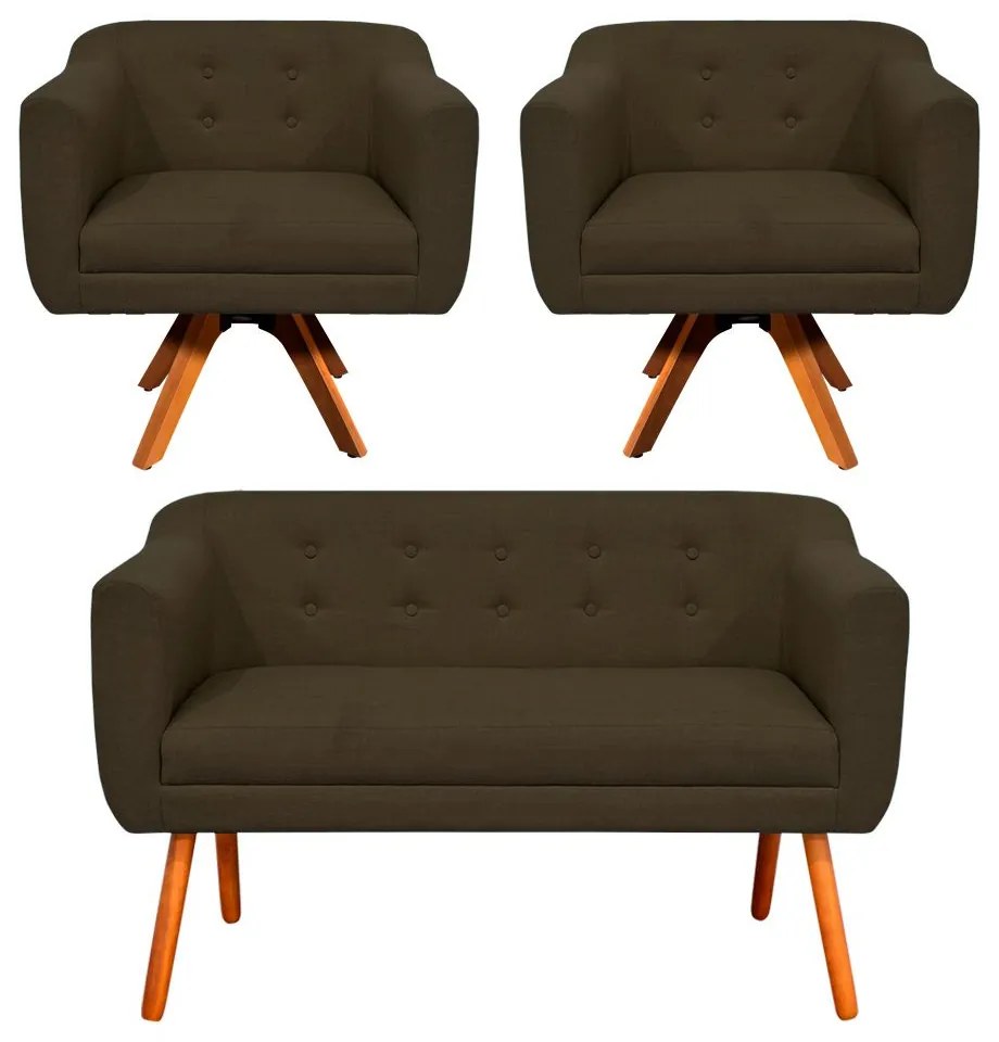 Kit 01 Namoradeira e 02 Poltronas Giratória Julia Linho Base Madeira MM30 D01 - D'Rossi  - Marrom A78