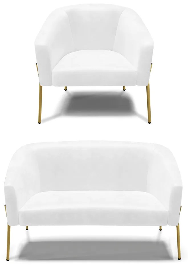 Sofá Namoradeira e Poltrona Pé de Ferro Dourado Stella Sintético PU D03 - D'Rossi - Branco