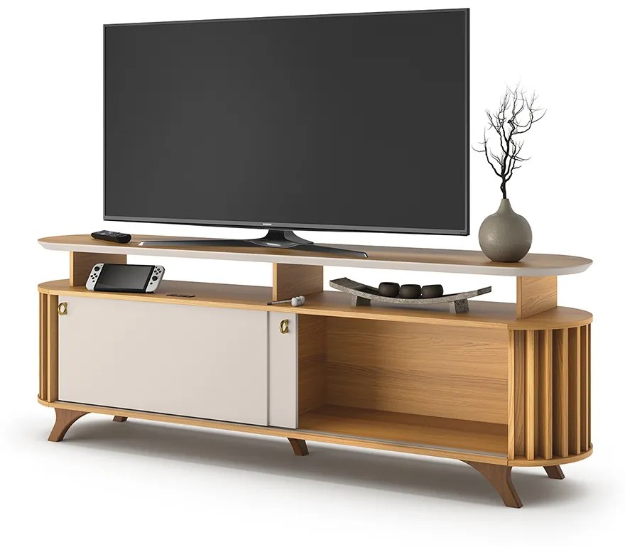 Bancada Decorativa Kirby 1.8 TV até 70 Polegadas Ripada Cinamomo/Off White G26 - Gran belo