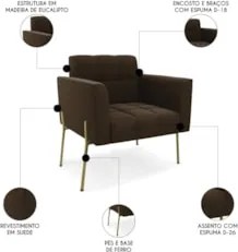 Poltrona Para Sala Pé Metal Dourado Kit 2 Ana Suede Marrom - Ibiza