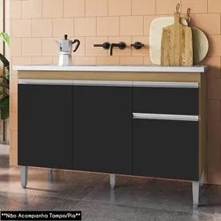 Balcão de Cozinha Para Pia 120cm 1 Gaveta Tatiane Amêndoa/Preto - AJL