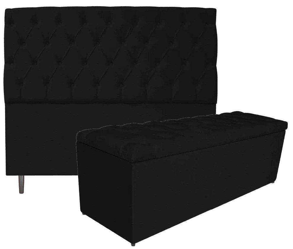 Kit Cabeceira e Calçadeira Liverpool 195 cm King Size Corano Preto - ADJ Decor