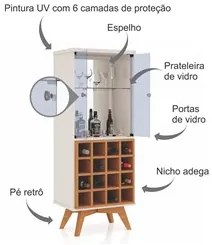 Cristaleira Adega 2 Portas de Vidro 16 Nichos Pés Retrô 100% MDF C711