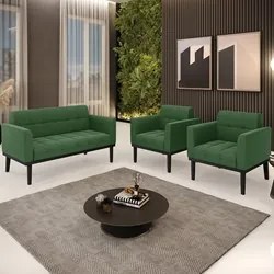 Sofá Namoradeira e 2 Poltronas Base Madeira Preto Ana Suede Verde - Ib