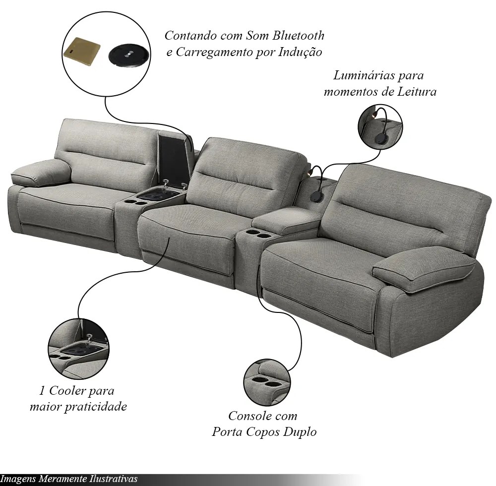 Sofá Decorativo Swift c/Porta Copos Baú Cooler Reclinável Retrátil Linho Cinza G81 - Gran Belo